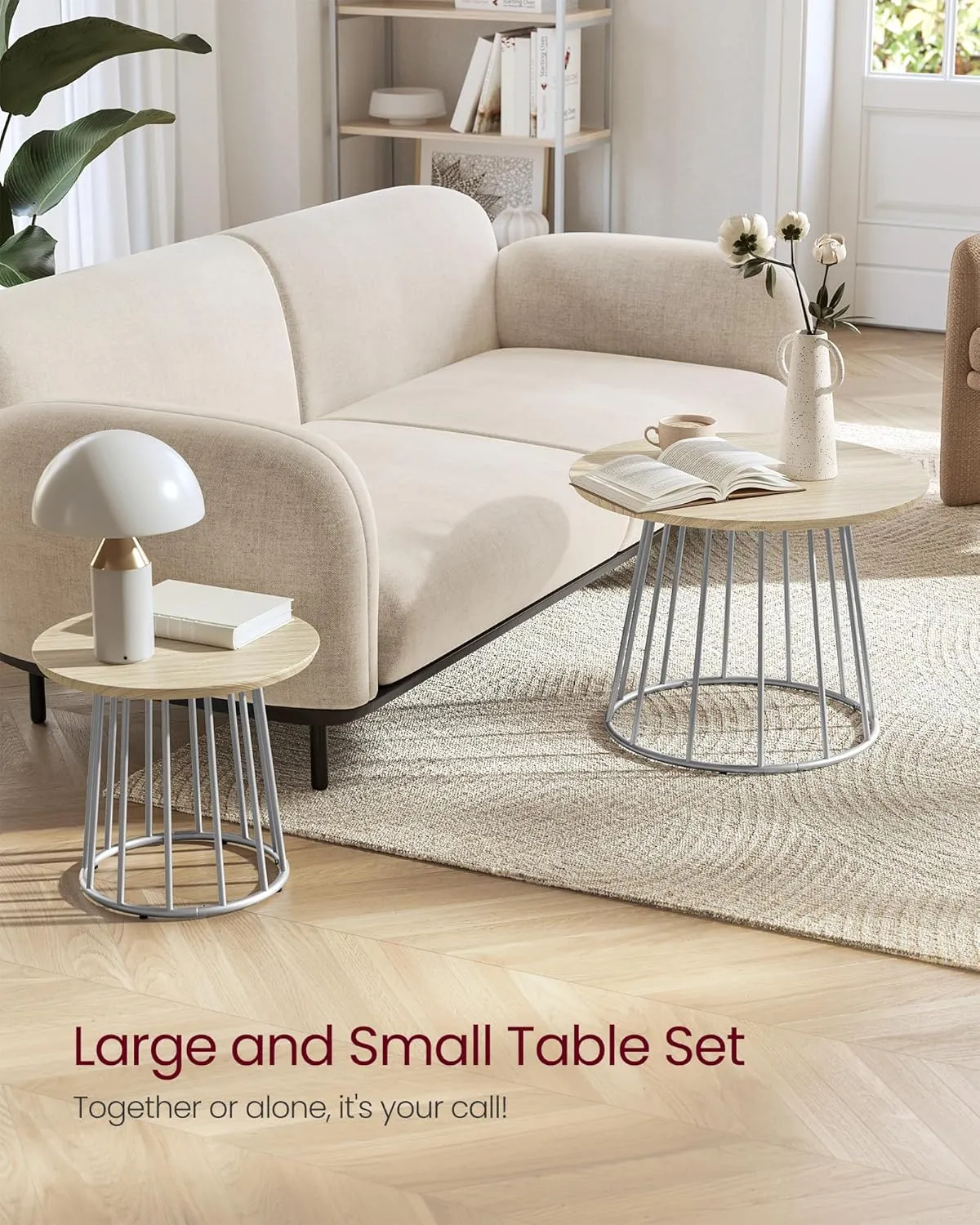 VASAGLE Round Coffee Tables, Set of 2, Modern Circle Side Tables with Steel Frame, for Living Room, Bedroom, Natural Beige ULCT045K67