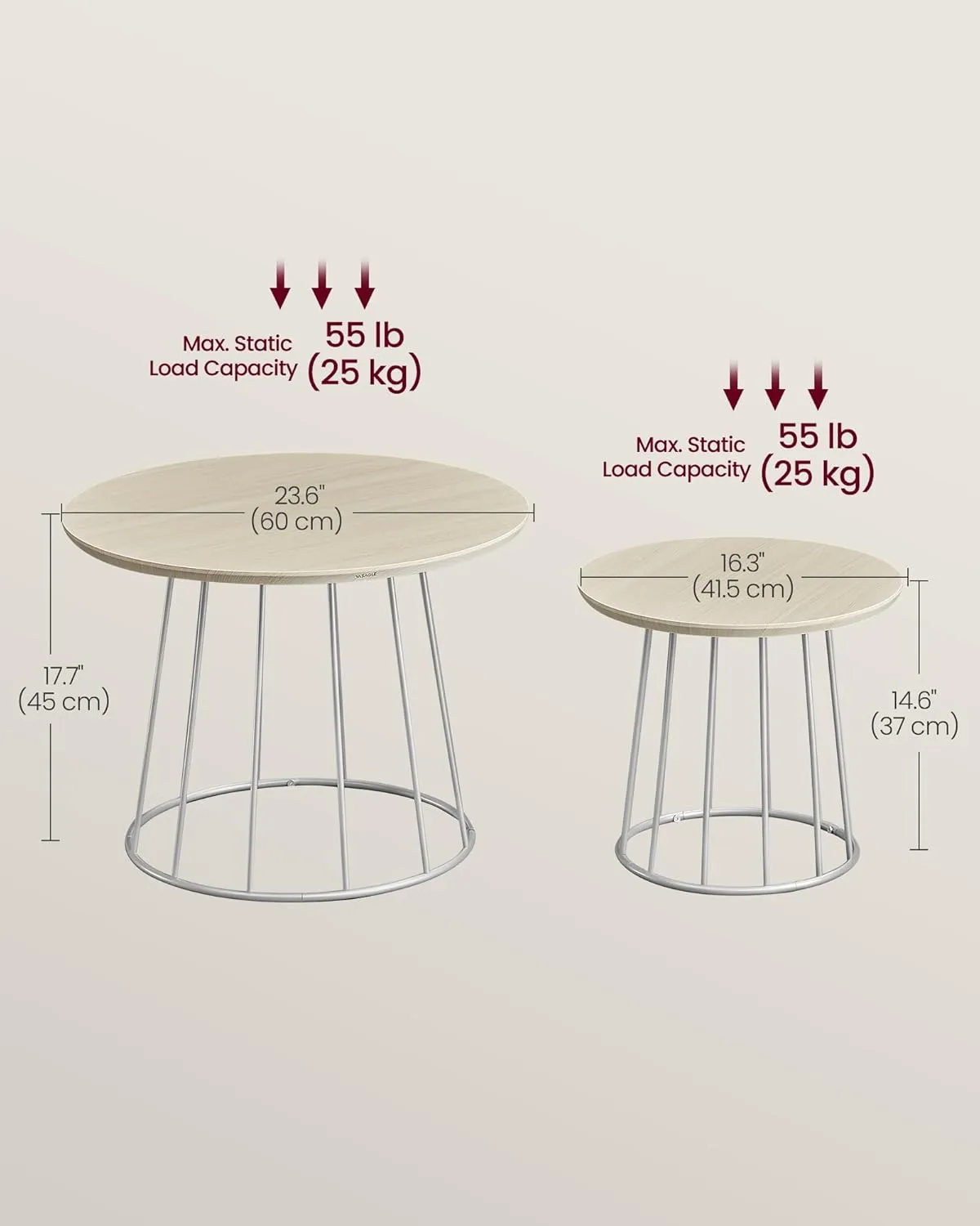 VASAGLE Round Coffee Tables, Set of 2, Modern Circle Side Tables with Steel Frame, for Living Room, Bedroom, Natural Beige ULCT045K67