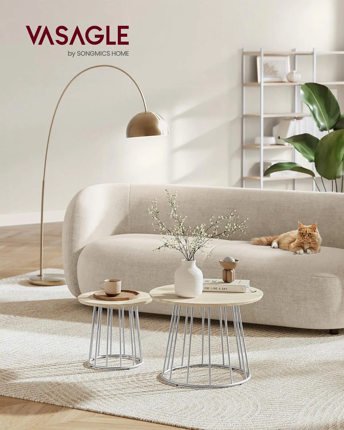 VASAGLE Round Coffee Tables, Set of 2, Modern Circle Side Tables with Steel Frame, for Living Room, Bedroom, Natural Beige ULCT045K67