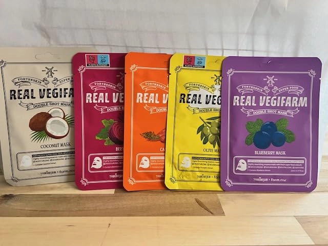 Vegan Beauty Mask Set, Coconut, Beet, Carrot, Blueberry, Olive Oil - 5 Pack