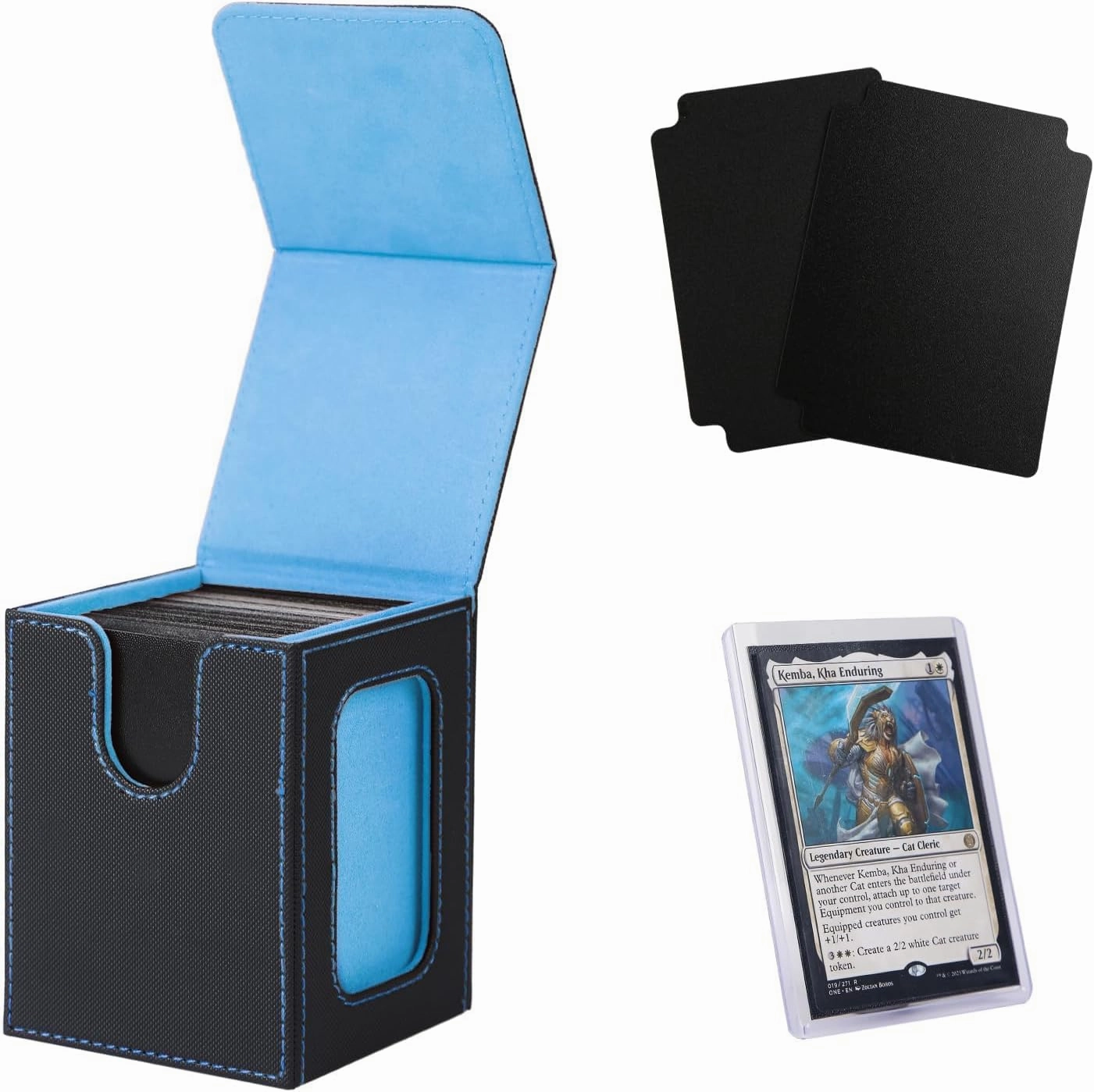 Venssu MTG Deck Box for Commander Display,Card Deck Box Fits 100 Double Sleeved Cards,TCG with 2 Dividers and 1 Toploader (Black and Wathet)