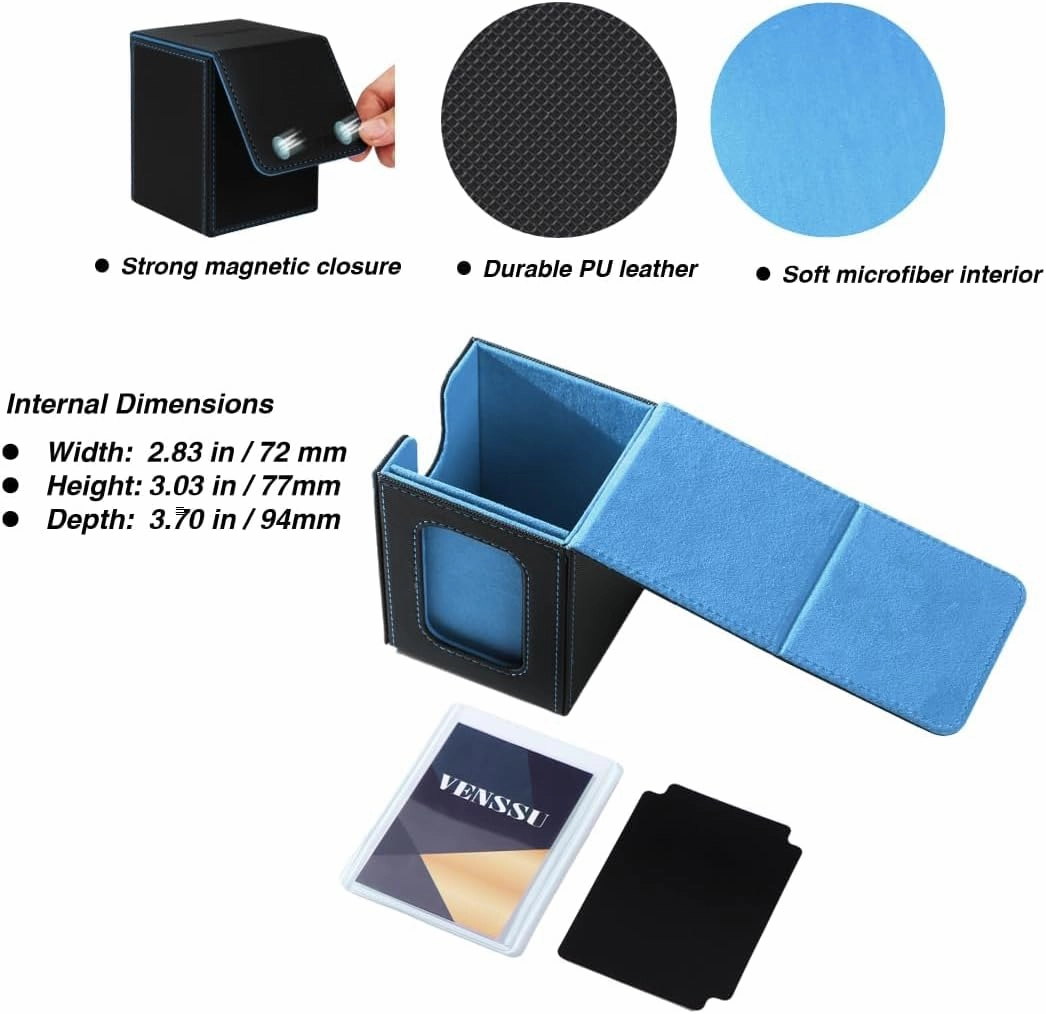 Venssu MTG Deck Box for Commander Display,Card Deck Box Fits 100 Double Sleeved Cards,TCG with 2 Dividers and 1 Toploader (Black and Wathet)