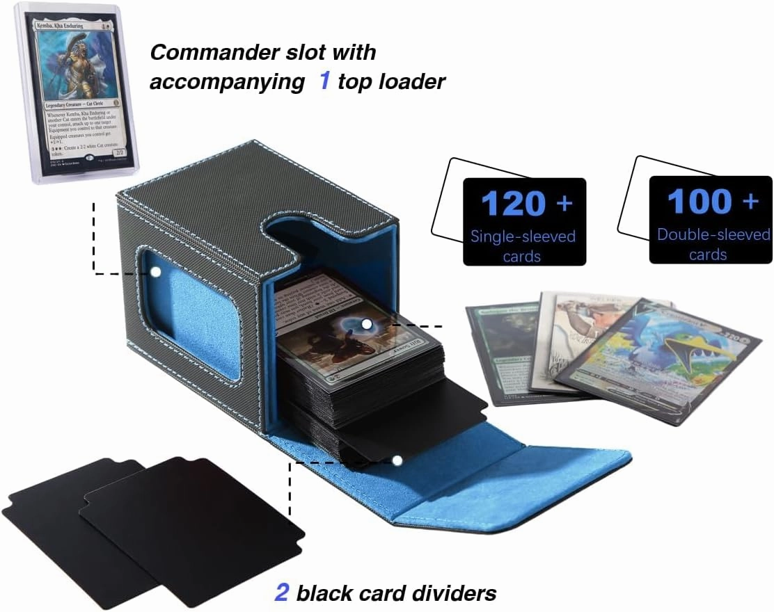 Venssu MTG Deck Box for Commander Display,Card Deck Box Fits 100 Double Sleeved Cards,TCG with 2 Dividers and 1 Toploader (Black and Wathet)
