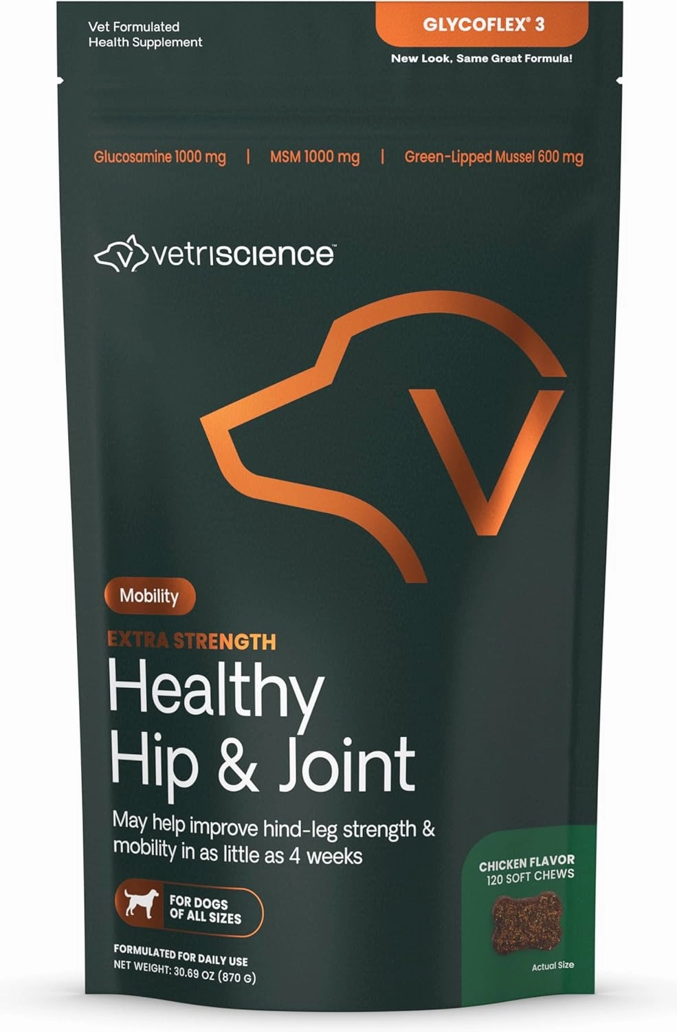 VetriScience Extra Strength Healthy Hip & Joint Chews, GlycoFlex Glucosamine & Green-Lipped Mussel Joint Support Supplement for Dogs, Promote Mobility & Soothe Joint Discomfort, Chicken, 120 Count