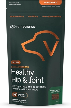 VetriScience Extra Strength Healthy Hip & Joint Chews, GlycoFlex Glucosamine & Green-Lipped Mussel Joint Support Supplement for Dogs, Promote Mobility & Soothe Joint Discomfort, Chicken, 120 Count