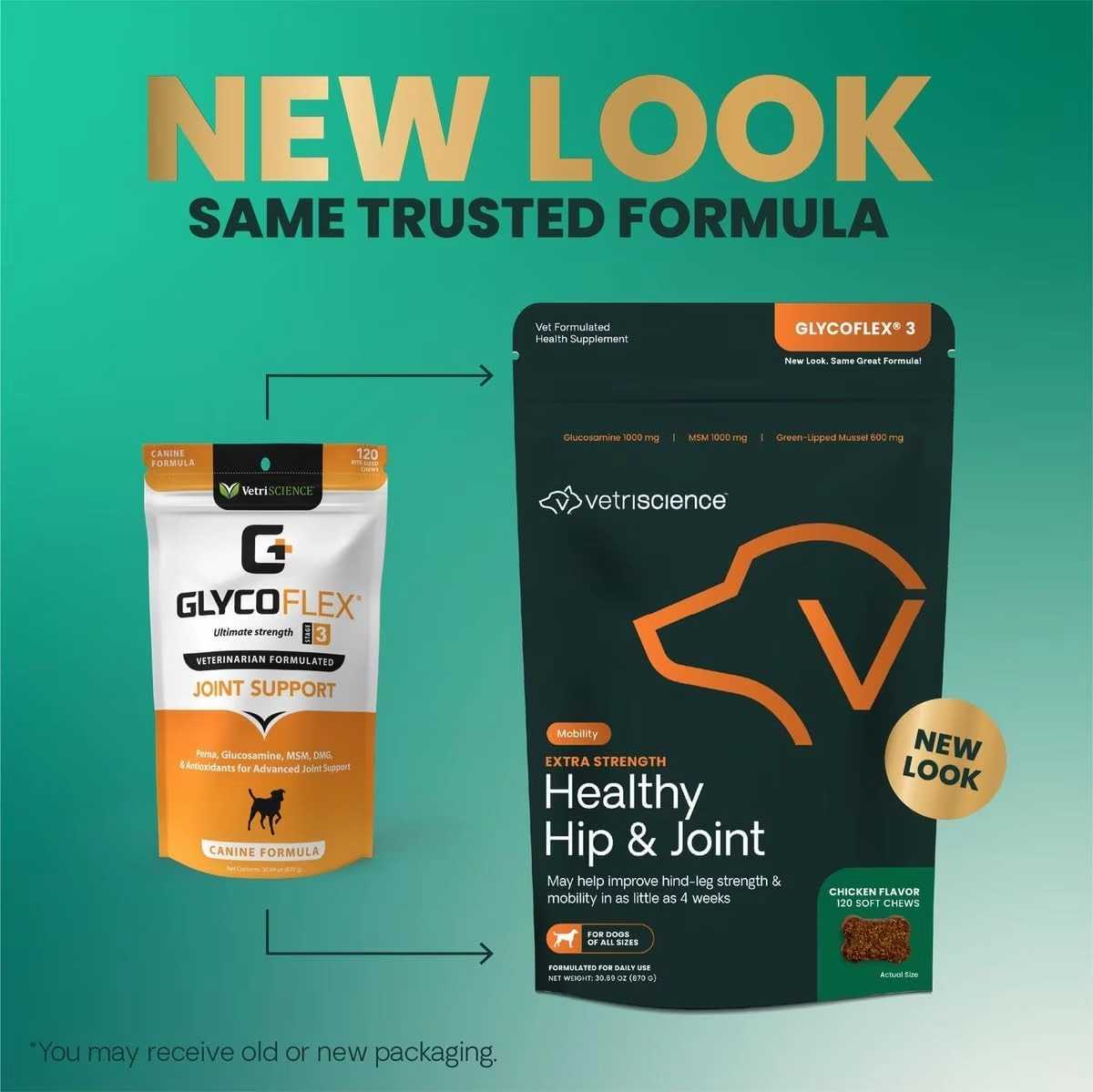 VetriScience Extra Strength Healthy Hip & Joint Chews, GlycoFlex Glucosamine & Green-Lipped Mussel Joint Support Supplement for Dogs, Promote Mobility & Soothe Joint Discomfort, Chicken, 120 Count