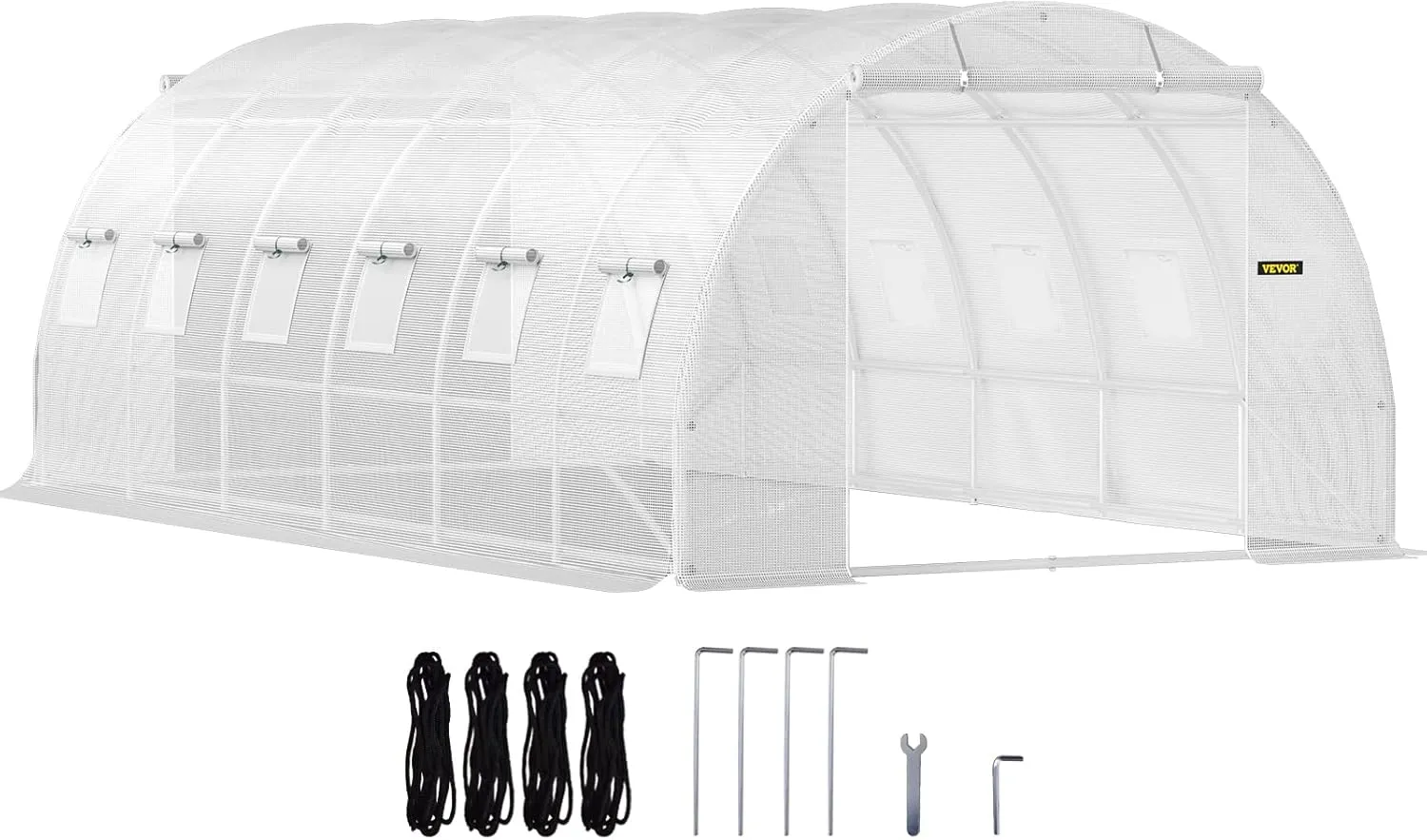 VEVOR 20 x 10 x 7 ft Walk-in Tunnel Greenhouse, Portable Plant Hot House w/Galvanized Steel Hoops, 3 Top Beams, Diagonal Poles, 2 Zippered Doors & 12 Roll-up Windows, White