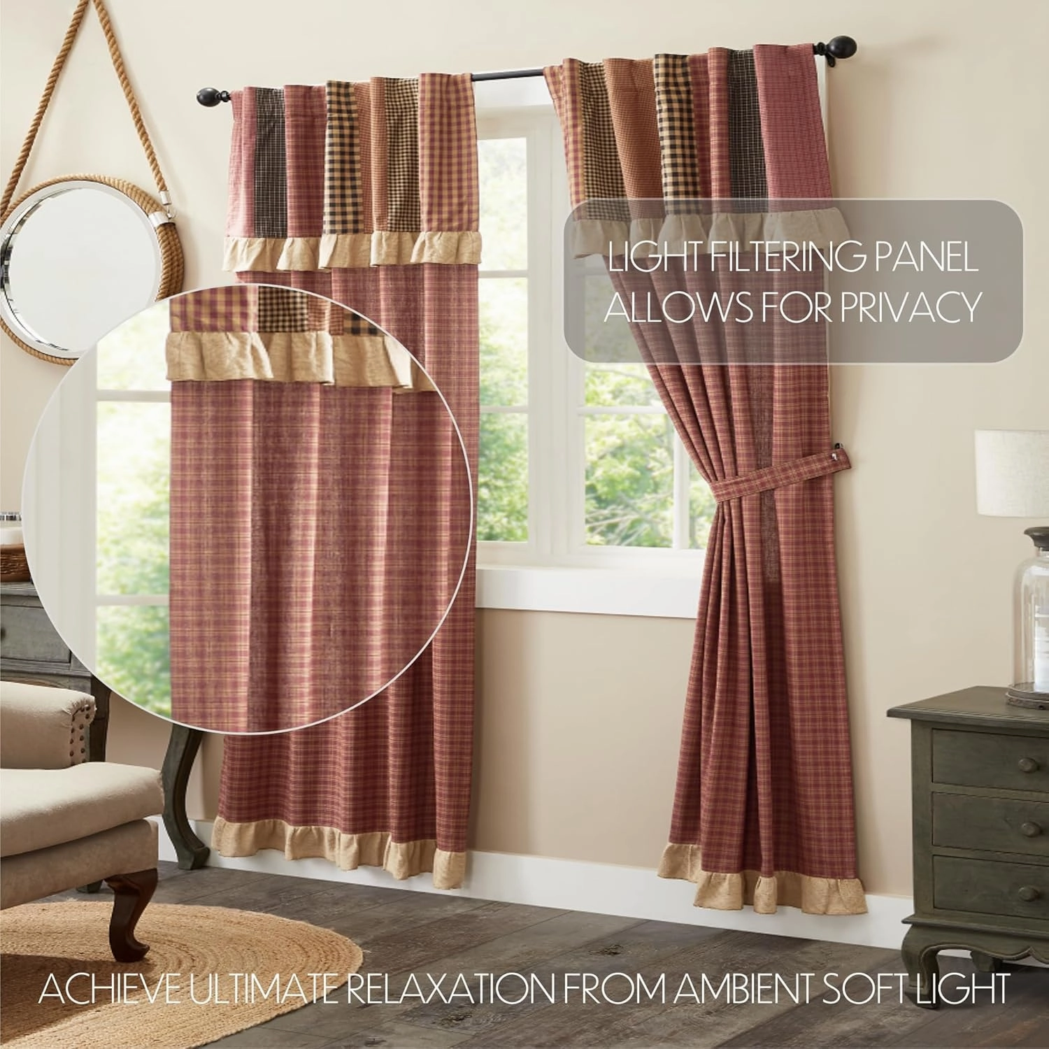 VHC Brands Maisie Primitive 84 Inches Long Panel Pair, Curtain for Living Room Bedroom - Attached Valance, Set of 2, 84"x40"