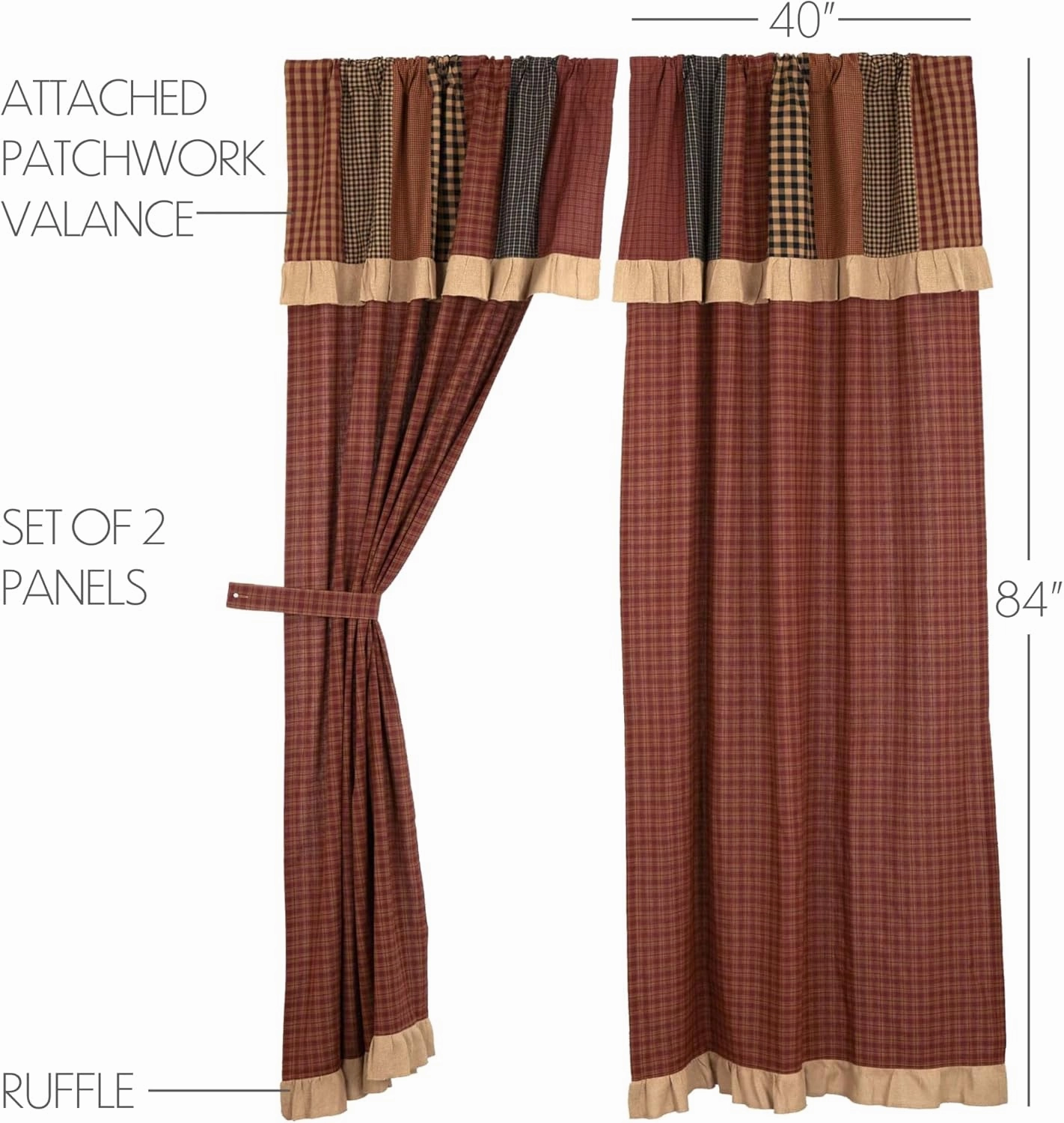 VHC Brands Maisie Primitive 84 Inches Long Panel Pair, Curtain for Living Room Bedroom - Attached Valance, Set of 2, 84"x40"