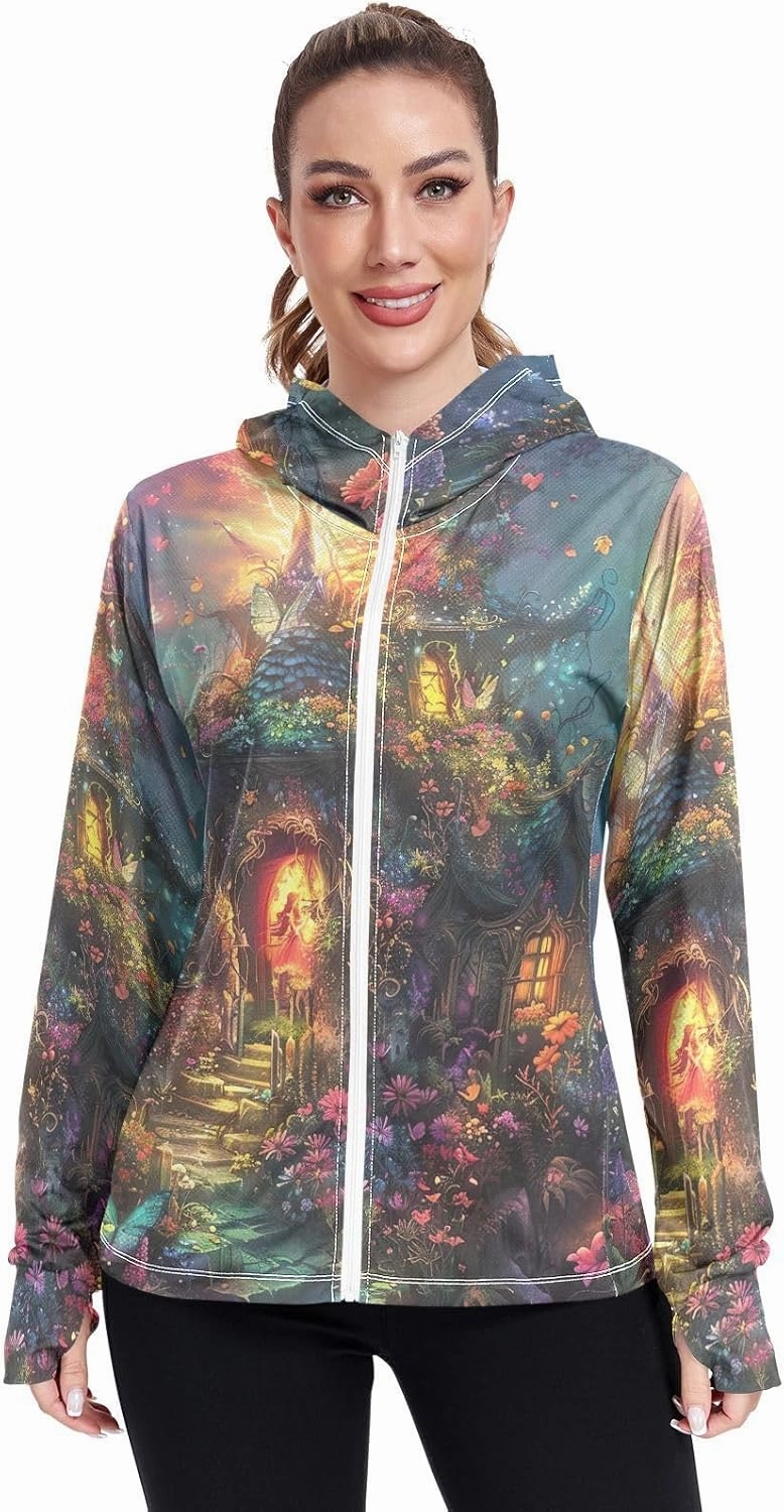 Vibrant Fairy House Uv Light Clothing, Upf 50  Zip up Outdoor Clothes, (S-XXL)