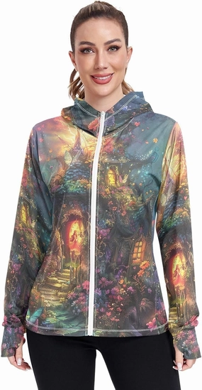Vibrant Fairy House Uv Light Clothing, Upf 50  Zip up Outdoor Clothes, (S-XXL)
