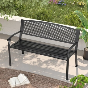 VICLLAX Outdoor Garden Bench, Metal Frame Patio Bench with Oval Design Backrest for Porch Yard Lawn Deck, Black