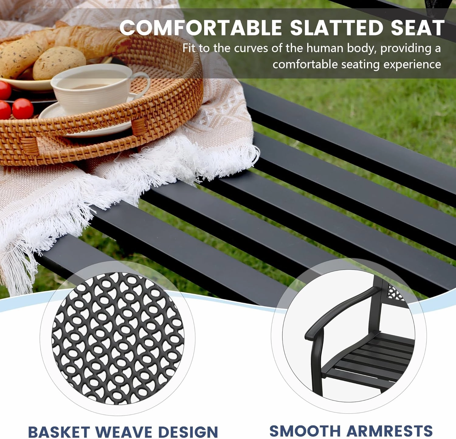 VICLLAX Outdoor Garden Bench, Metal Frame Patio Bench with Oval Design Backrest for Porch Yard Lawn Deck, Black