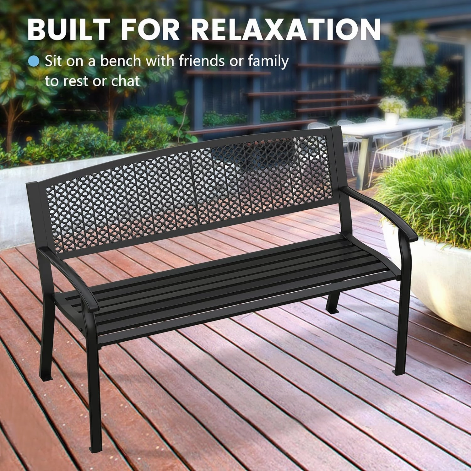 VICLLAX Outdoor Garden Bench, Metal Frame Patio Bench with Oval Design Backrest for Porch Yard Lawn Deck, Black