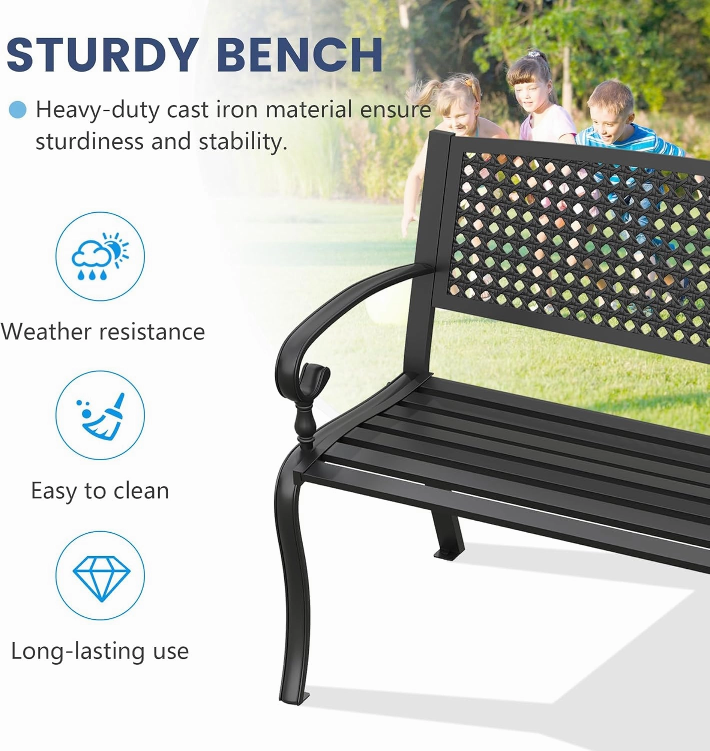 VICLLAX Outdoor Garden Bench, Metal Frame Patio Bench with Twist Circle Design Backrest for Porch Yard Lawn Deck, Black