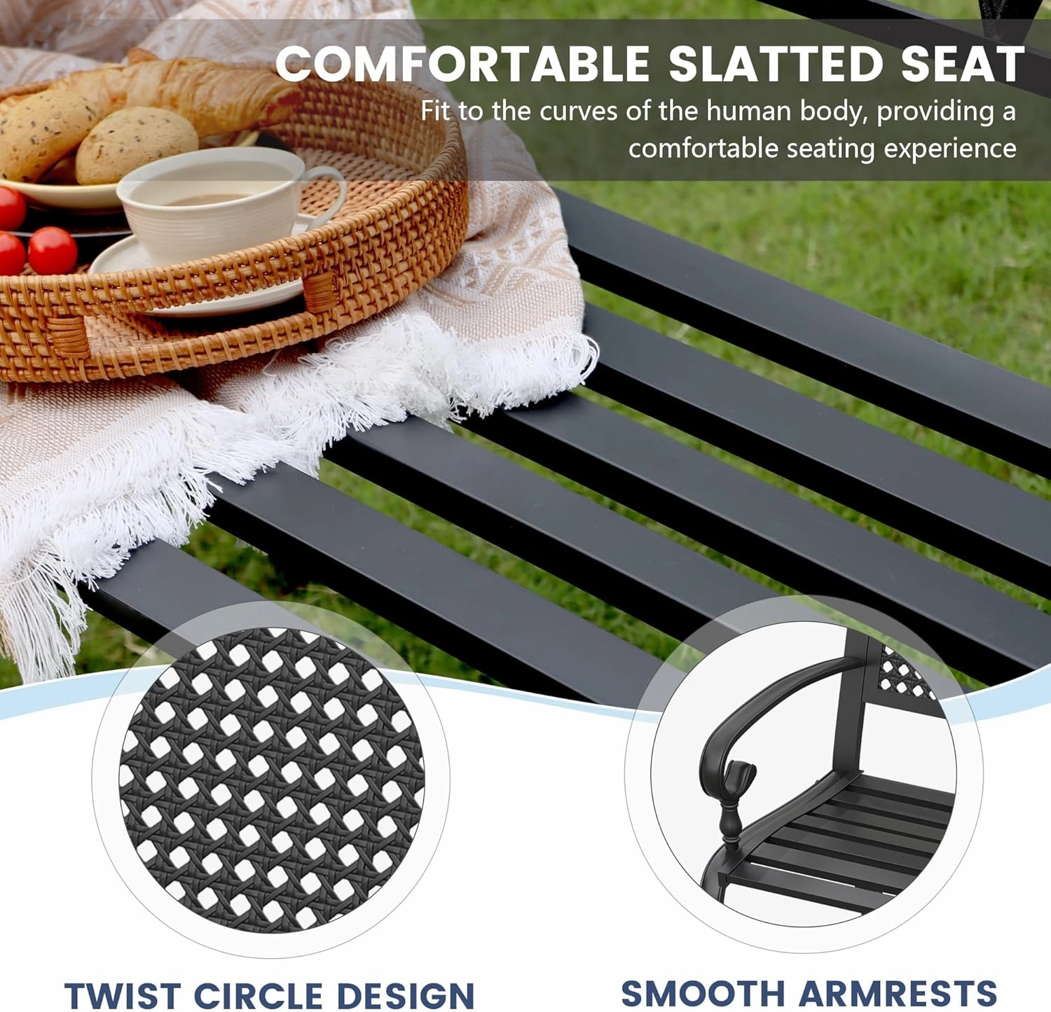 VICLLAX Outdoor Garden Bench, Metal Frame Patio Bench with Twist Circle Design Backrest for Porch Yard Lawn Deck, Black