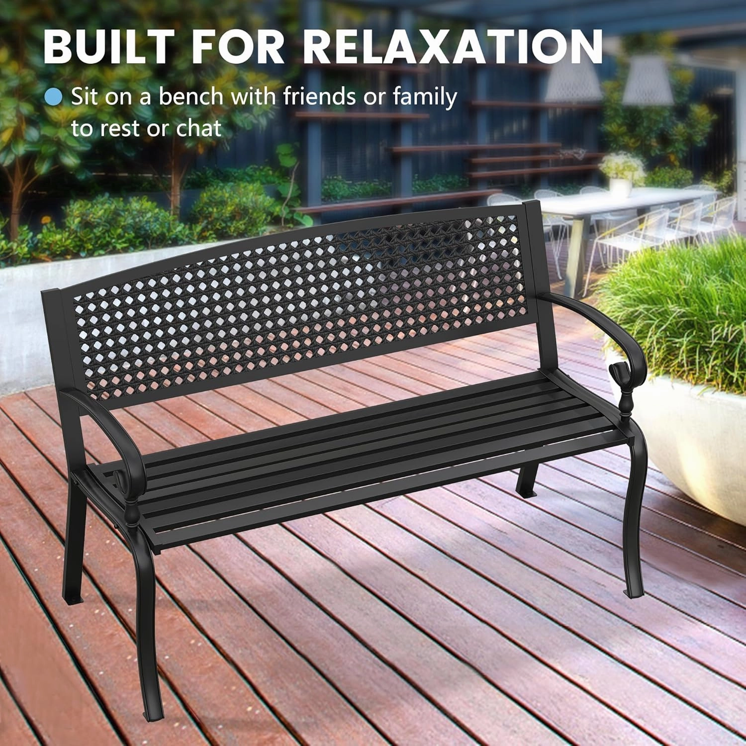 VICLLAX Outdoor Garden Bench, Metal Frame Patio Bench with Twist Circle Design Backrest for Porch Yard Lawn Deck, Black