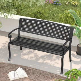 VICLLAX Outdoor Garden Bench, Metal Frame Patio Bench with Twist Circle Design Backrest for Porch Yard Lawn Deck, Black