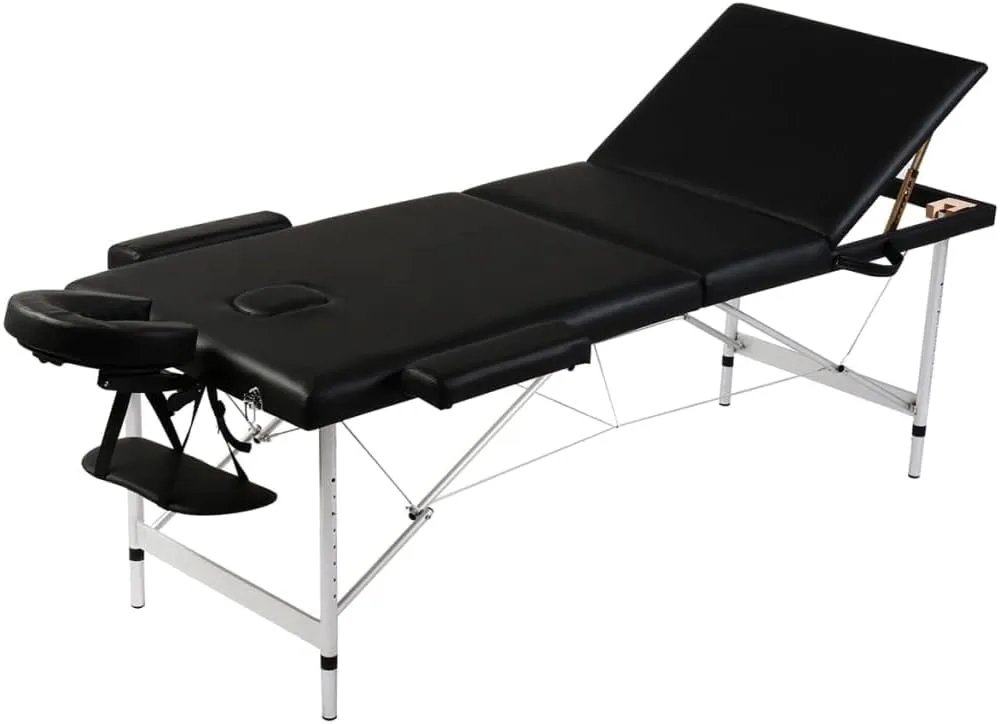 vidaXL Black Foldable Massage Table - 3-Zones, Adjustable Aluminum Frame, High-Density Foam, Resistant to Disinfectants, Portable with Carrying Bag