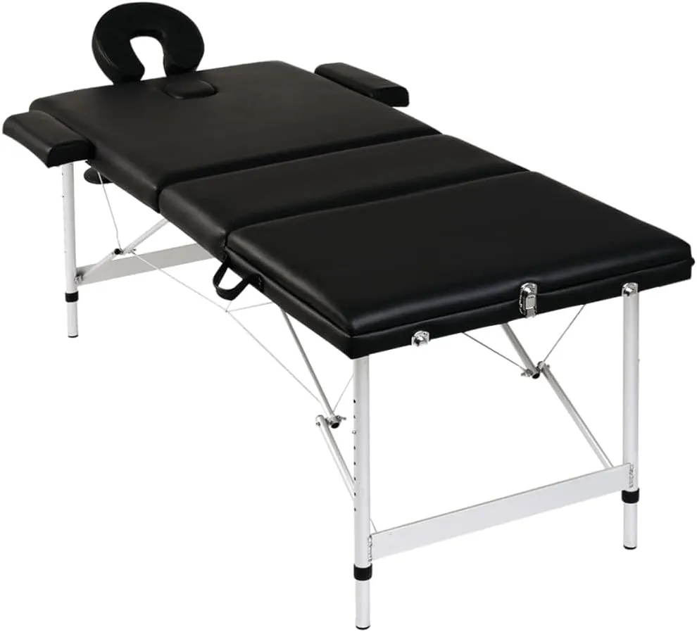 vidaXL Black Foldable Massage Table - 3-Zones, Adjustable Aluminum Frame, High-Density Foam, Resistant to Disinfectants, Portable with Carrying Bag
