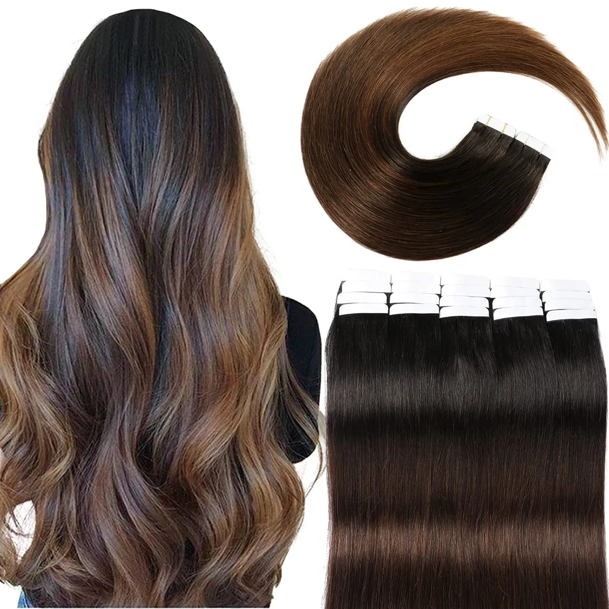 VINBAO Black Trend To Chocolate Brown 50g 20Pcs 18 inch Tape In Hair Extensions Human Hair Soft Thick End Tangle Tape Durable Silky Straight Balayage Hair Extensions (14inch, #1BT4)