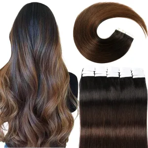 VINBAO Black Trend To Chocolate Brown 50g 20Pcs 18 inch Tape In Hair Extensions Human Hair Soft Thick End Tangle Tape Durable Silky Straight Balayage Hair Extensions (14inch, #1BT4)