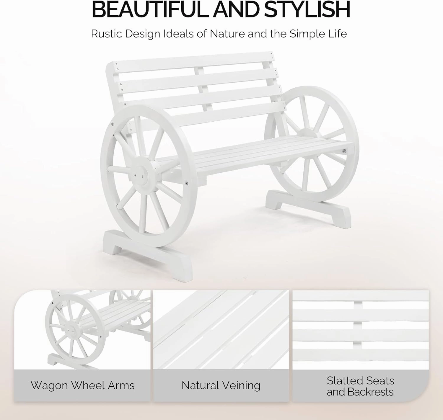 VINGLI 41" Rustic Wooden Wheel Bench Outdoor Bench, 2-Person Patio Bench Wagon Slatted Seat, Garden Benches for Outdoors 350lbs High Capacity, Weather Resistance (White)