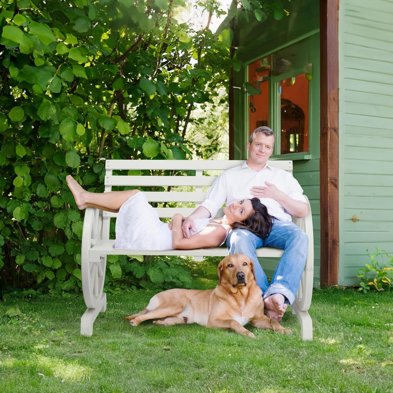 VINGLI 41" Rustic Wooden Wheel Bench Outdoor Bench, 2-Person Patio Bench Wagon Slatted Seat, Garden Benches for Outdoors 350lbs High Capacity, Weather Resistance (White)