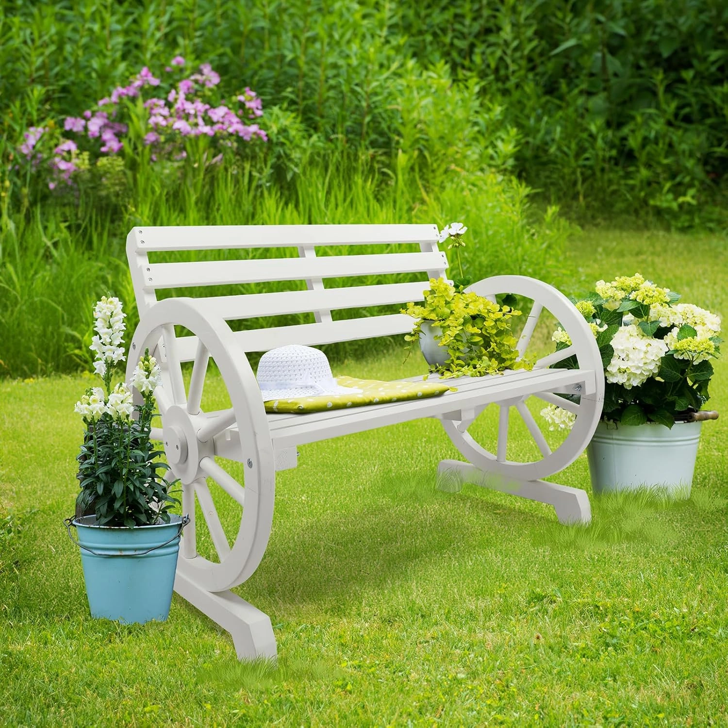 VINGLI 41" Rustic Wooden Wheel Bench Outdoor Bench, 2-Person Patio Bench Wagon Slatted Seat, Garden Benches for Outdoors 350lbs High Capacity, Weather Resistance (White)