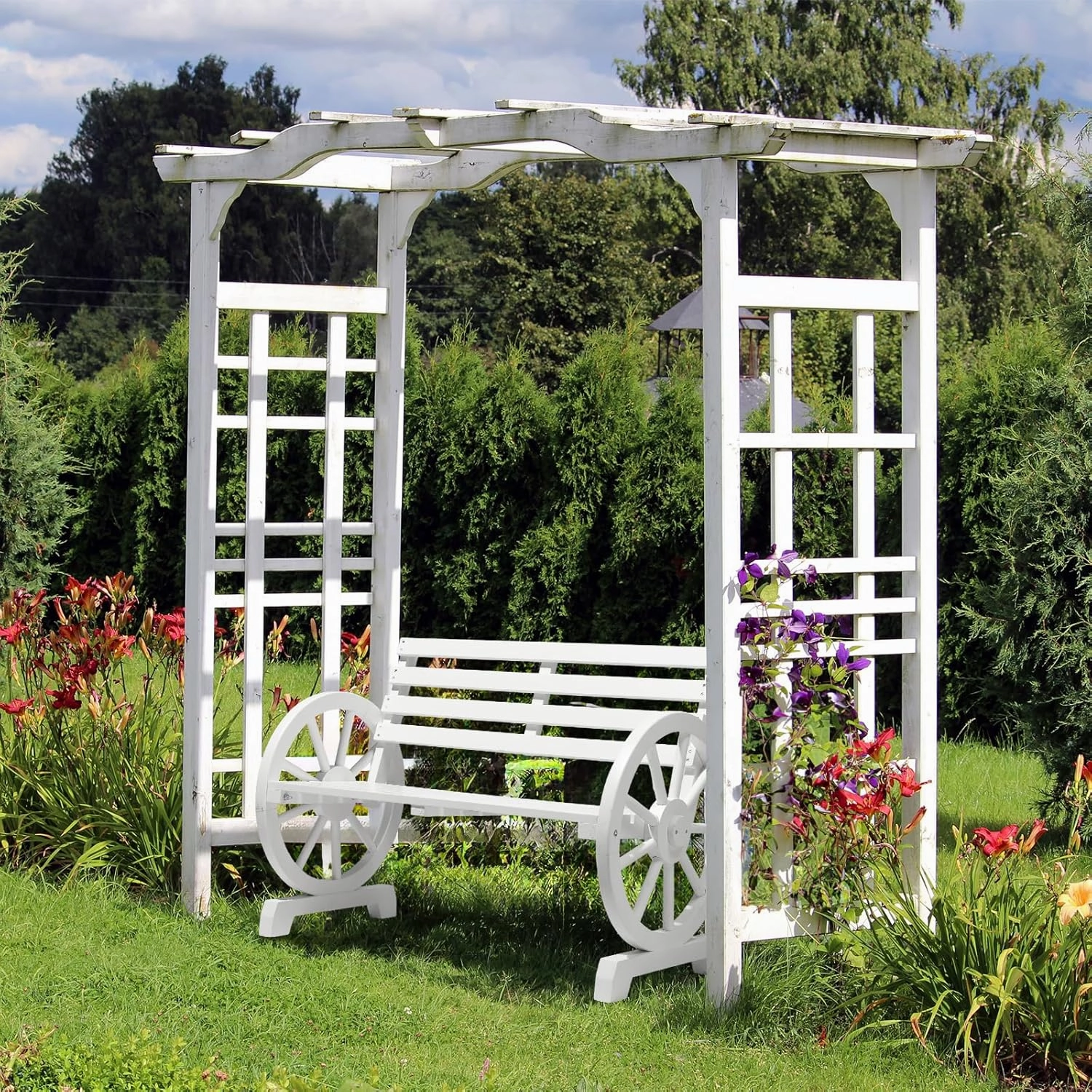 VINGLI 41" Rustic Wooden Wheel Bench Outdoor Bench, 2-Person Patio Bench Wagon Slatted Seat, Garden Benches for Outdoors 350lbs High Capacity, Weather Resistance (White)