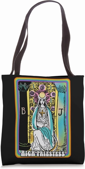 Vintage Tarot Card High Priestess Groovy Retro Rainbow Y2K Tote Bag