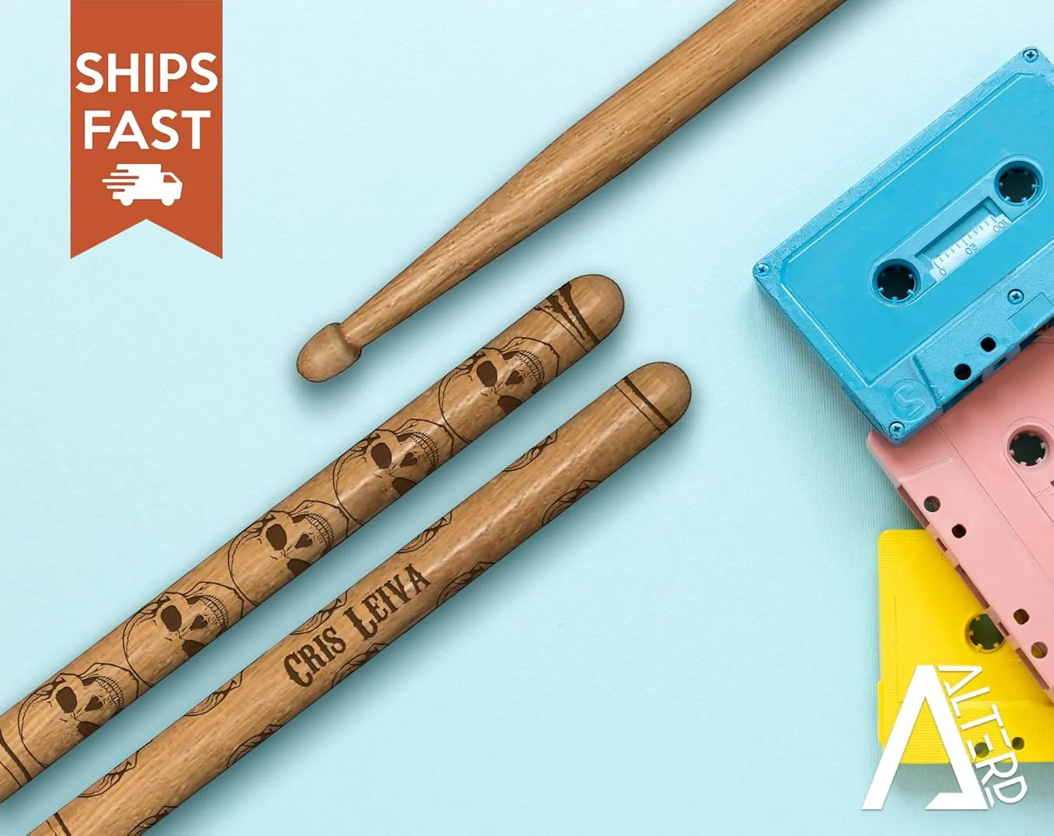Vital Signs Personalized Engraved 5A Drumsticks – Hickory Wood Tip Customized Drumsticks for Drums with Name or Text – 1 Pair Wooden Drums sticks Gift for Musicians, Drummers, Bands (Skull and Crossbone)