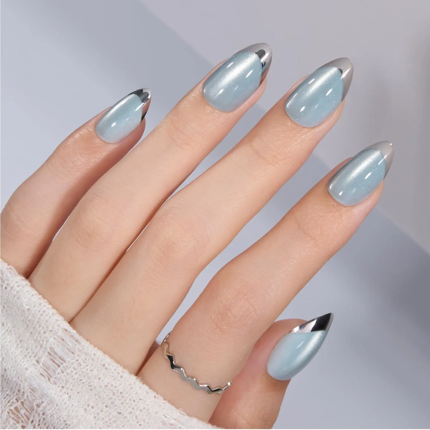VSALON Press-on Nails Short Almond - Lake Blue Aurora Cat Eye French Tips for Women, Reusable Metallic Fake Nails with Soft Gel Nail Glue, Essential Oil, Adhesive Tabs & Nail File - 32 PCS in 16 Sizes
