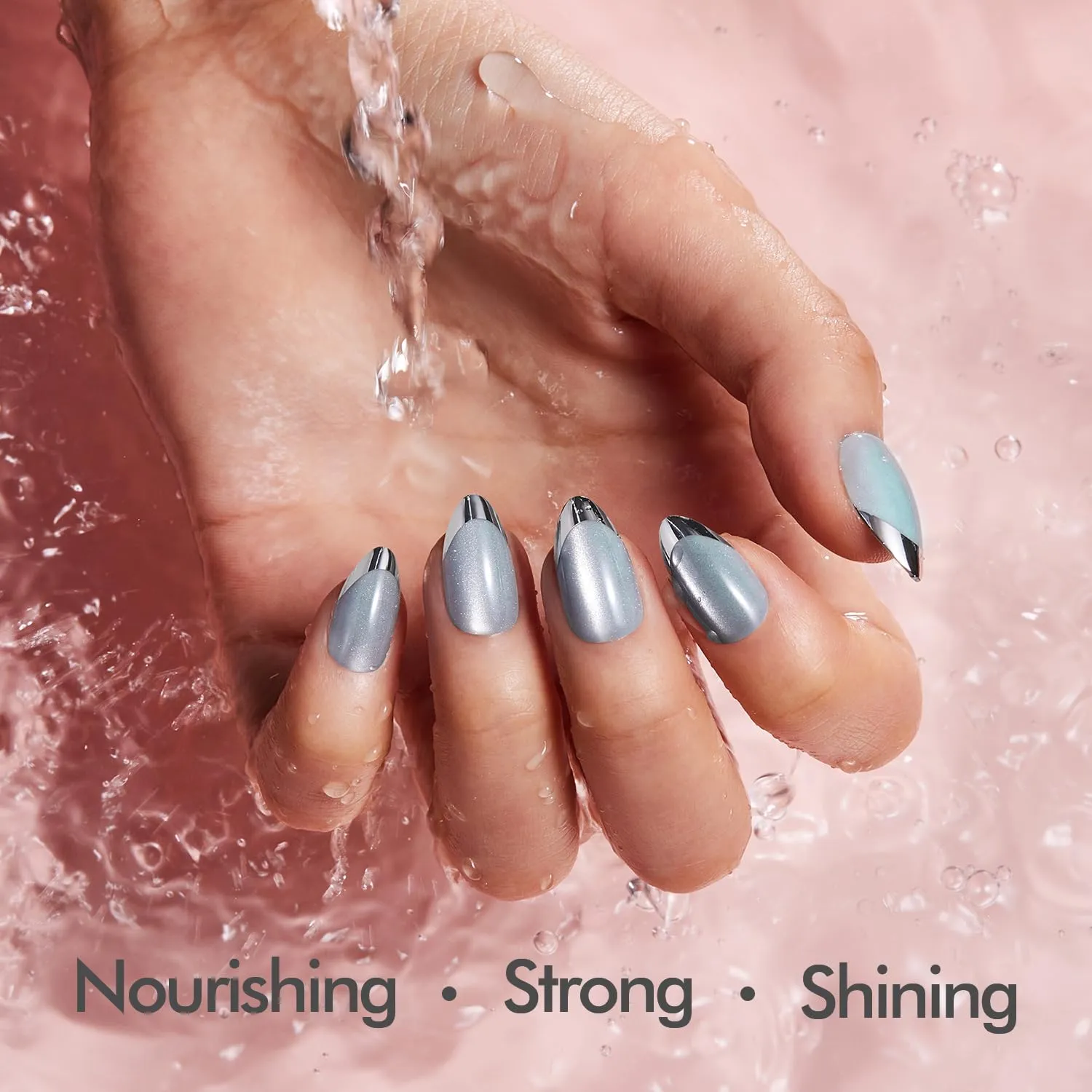 VSALON Press-on Nails Short Almond - Lake Blue Aurora Cat Eye French Tips for Women, Reusable Metallic Fake Nails with Soft Gel Nail Glue, Essential Oil, Adhesive Tabs & Nail File - 32 PCS in 16 Sizes
