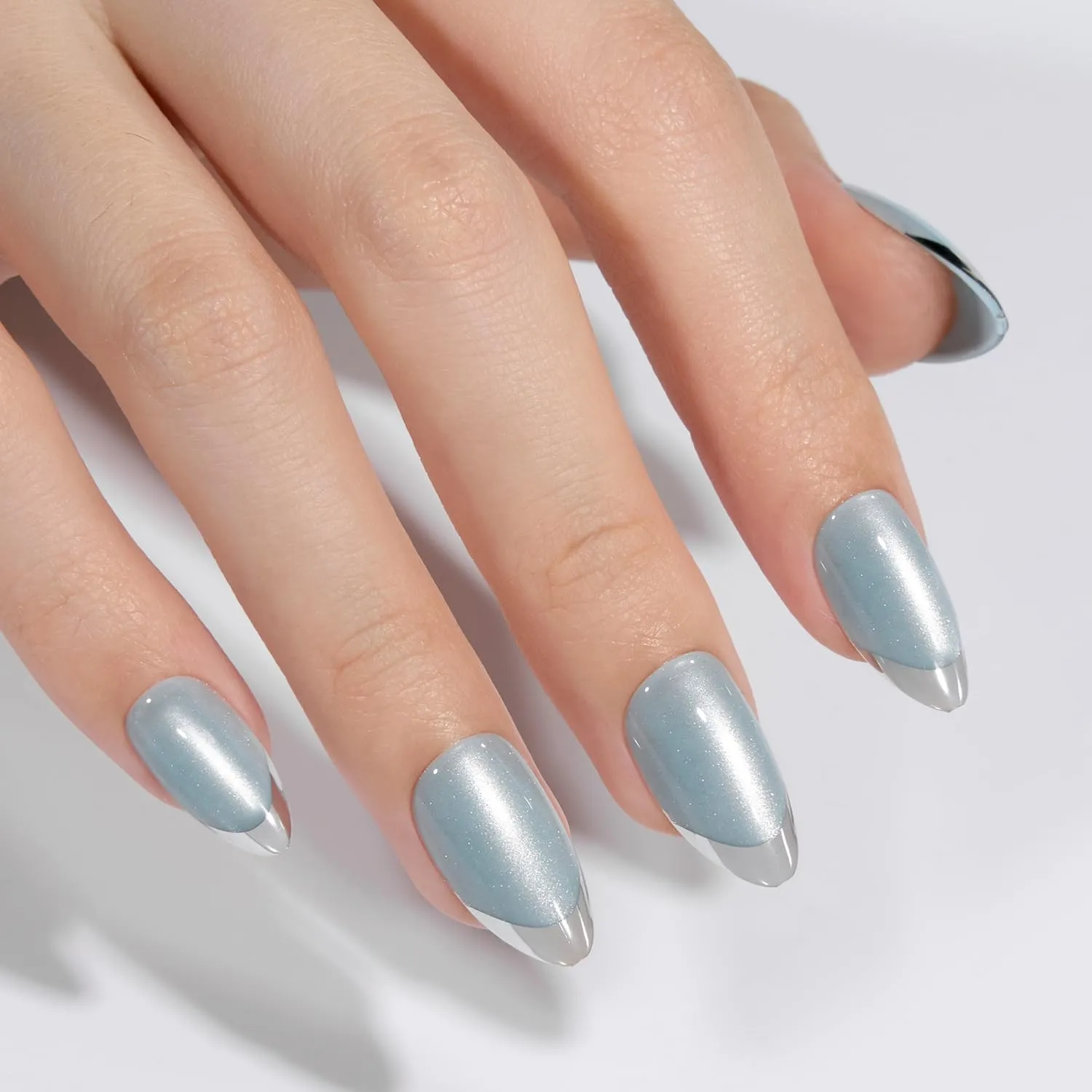 VSALON Press-on Nails Short Almond - Lake Blue Aurora Cat Eye French Tips for Women, Reusable Metallic Fake Nails with Soft Gel Nail Glue, Essential Oil, Adhesive Tabs & Nail File - 32 PCS in 16 Sizes