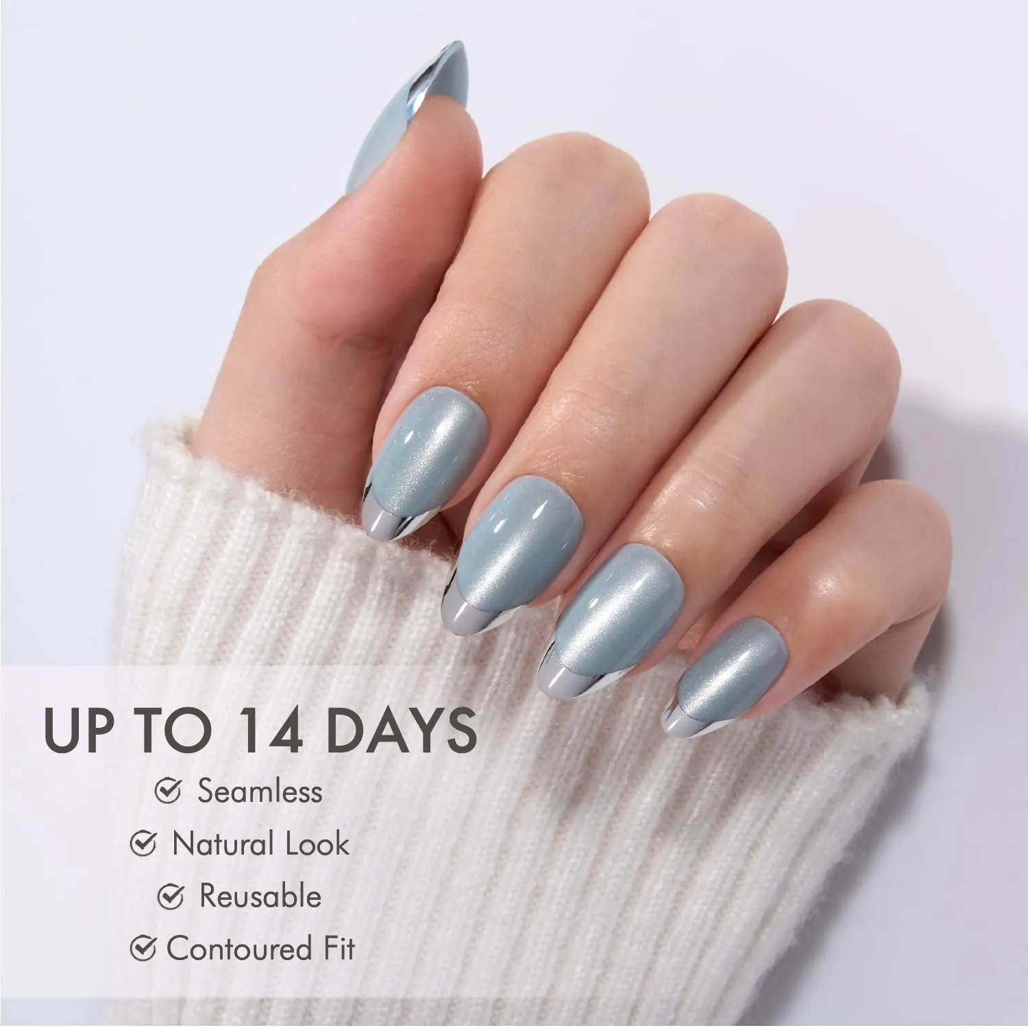 VSALON Press-on Nails Short Almond - Lake Blue Aurora Cat Eye French Tips for Women, Reusable Metallic Fake Nails with Soft Gel Nail Glue, Essential Oil, Adhesive Tabs & Nail File - 32 PCS in 16 Sizes