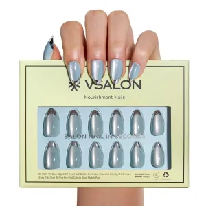 VSALON Press-on Nails Short Almond - Lake Blue Aurora Cat Eye French Tips for Women, Reusable Metallic Fake Nails with Soft Gel Nail Glue, Essential Oil, Adhesive Tabs & Nail File - 32 PCS in 16 Sizes