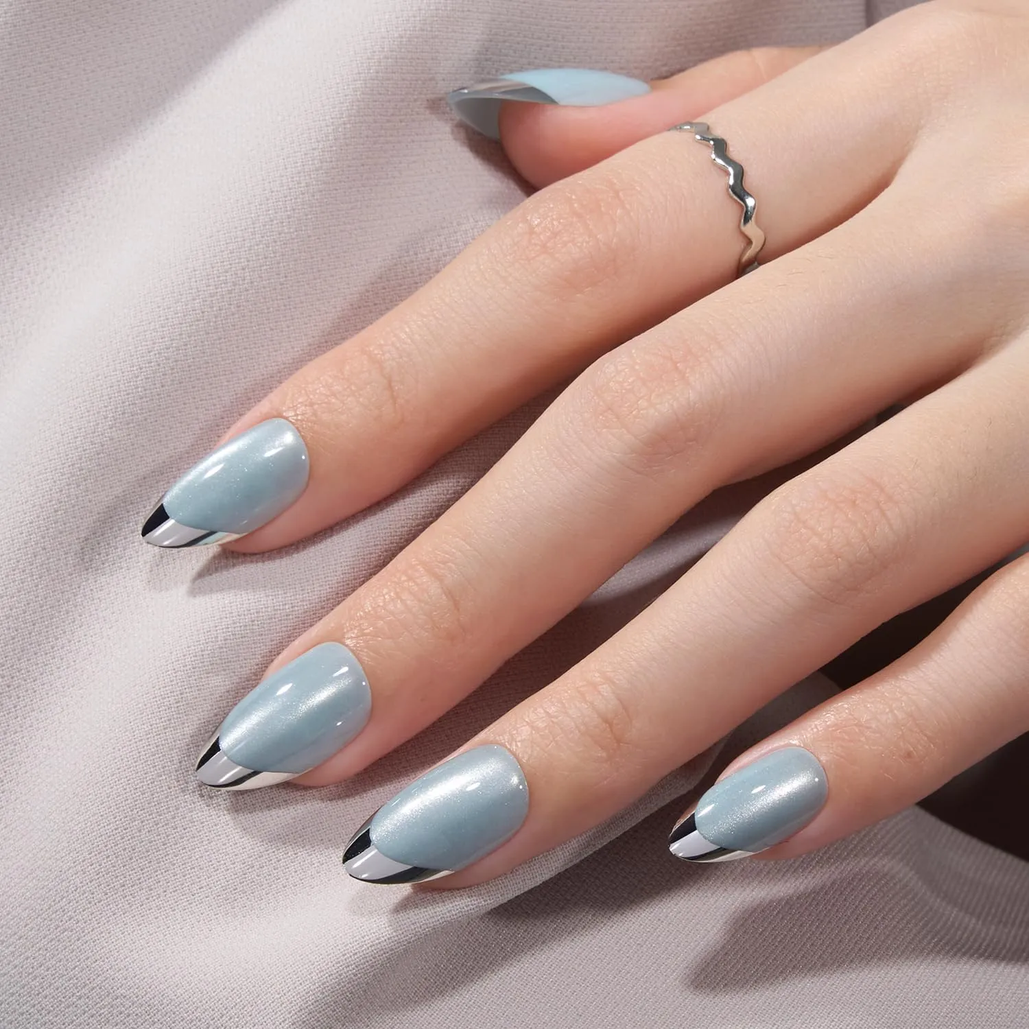 VSALON Press-on Nails Short Almond - Lake Blue Aurora Cat Eye French Tips for Women, Reusable Metallic Fake Nails with Soft Gel Nail Glue, Essential Oil, Adhesive Tabs & Nail File - 32 PCS in 16 Sizes