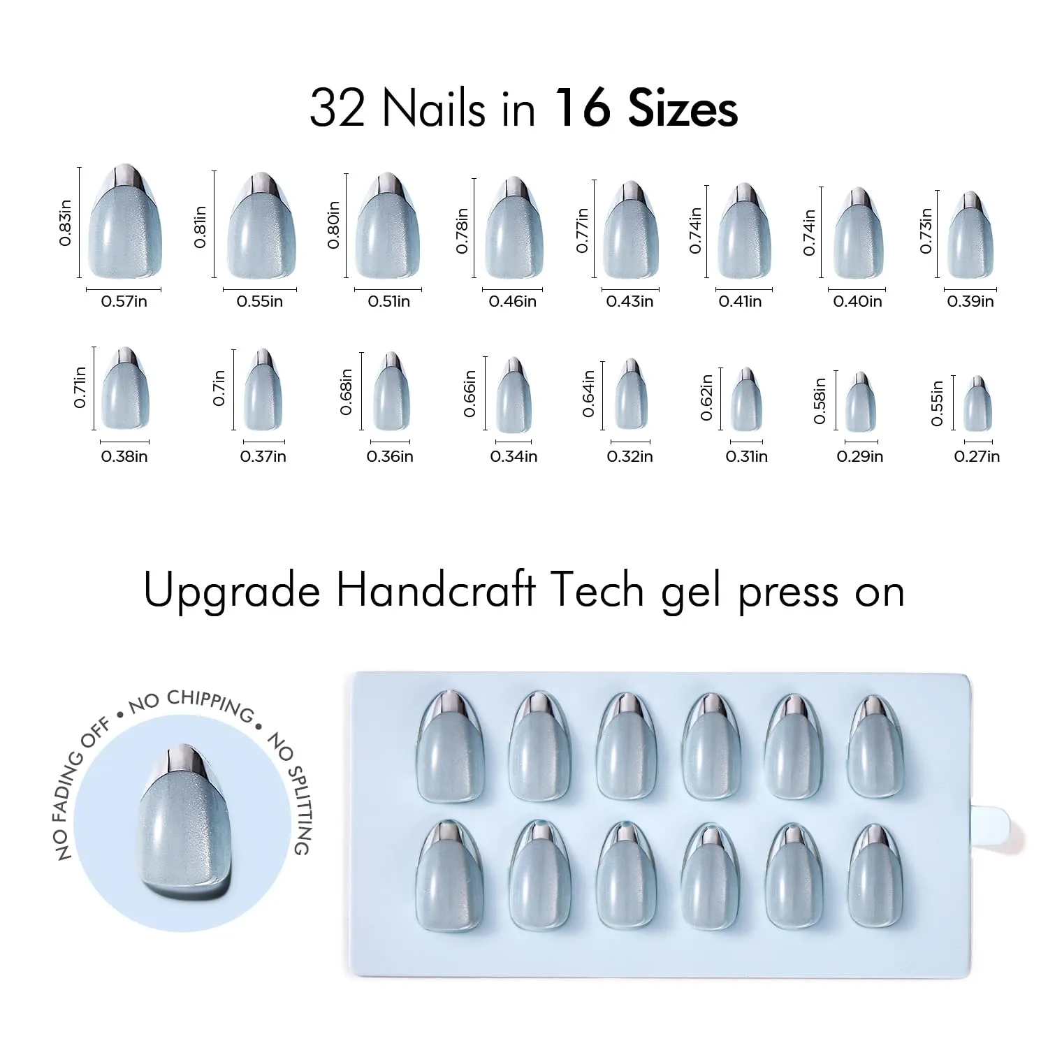 VSALON Press-on Nails Short Almond - Lake Blue Aurora Cat Eye French Tips for Women, Reusable Metallic Fake Nails with Soft Gel Nail Glue, Essential Oil, Adhesive Tabs & Nail File - 32 PCS in 16 Sizes