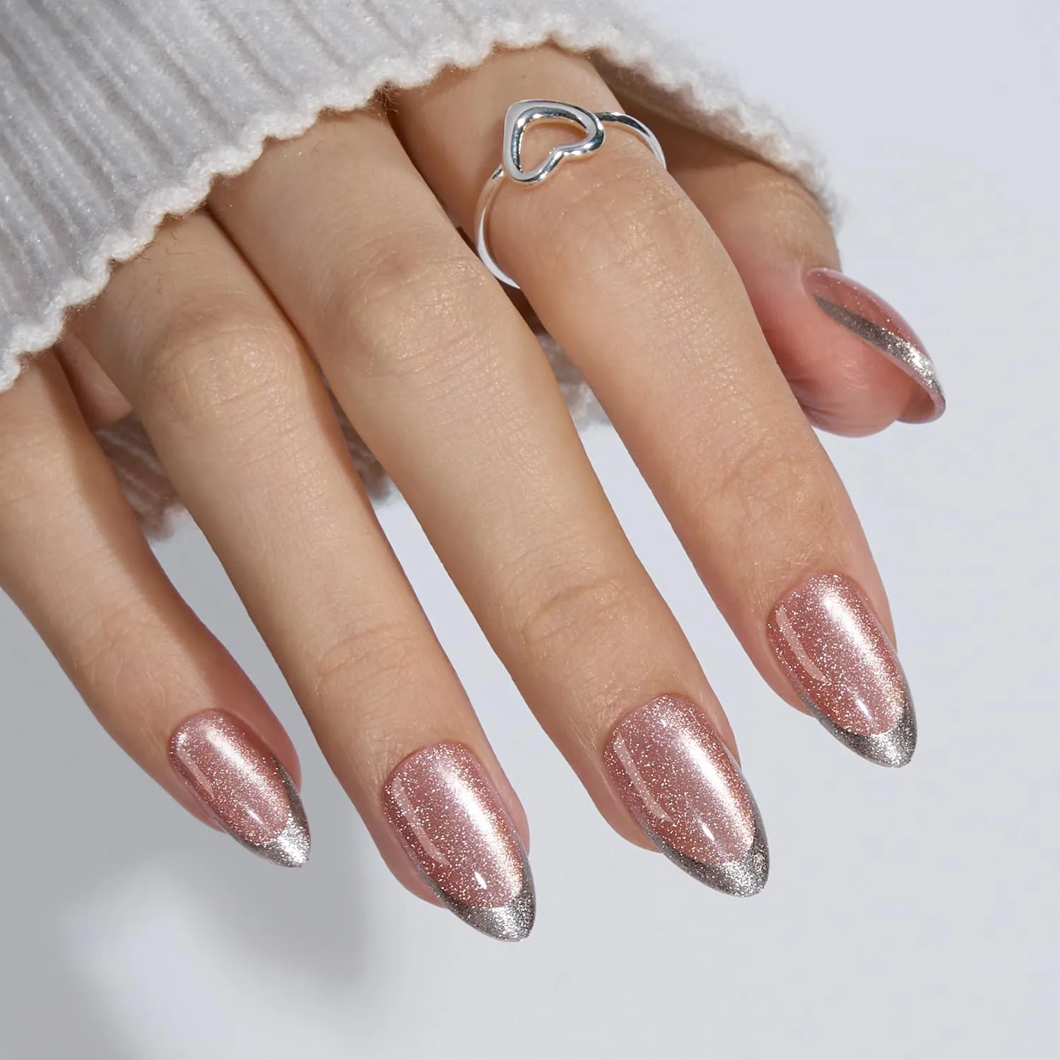 VSALON Press-On Nails Short Almond - Pink Cat Eye Holographic French Tip Nails Kit for Woman, Reusable Fake Nails with Nail Glue, Protector Cuticle Oil, Easy Tabs & Mini Nail File - 32 PCS in 16 Sizes