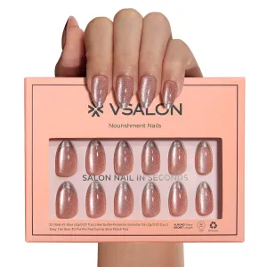 VSALON Press-On Nails Short Almond - Pink Cat Eye Holographic French Tip Nails Kit for Woman, Reusable Fake Nails with Nail Glue, Protector Cuticle Oil, Easy Tabs & Mini Nail File - 32 PCS in 16 Sizes