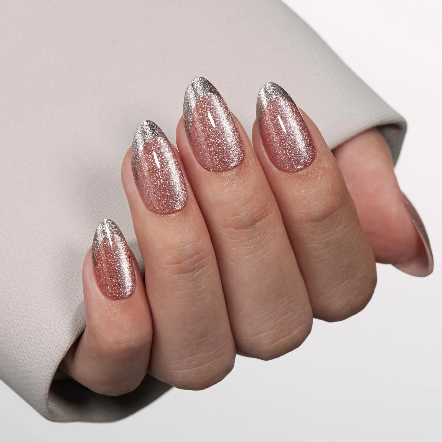 VSALON Press-On Nails Short Almond - Pink Cat Eye Holographic French Tip Nails Kit for Woman, Reusable Fake Nails with Nail Glue, Protector Cuticle Oil, Easy Tabs & Mini Nail File - 32 PCS in 16 Sizes