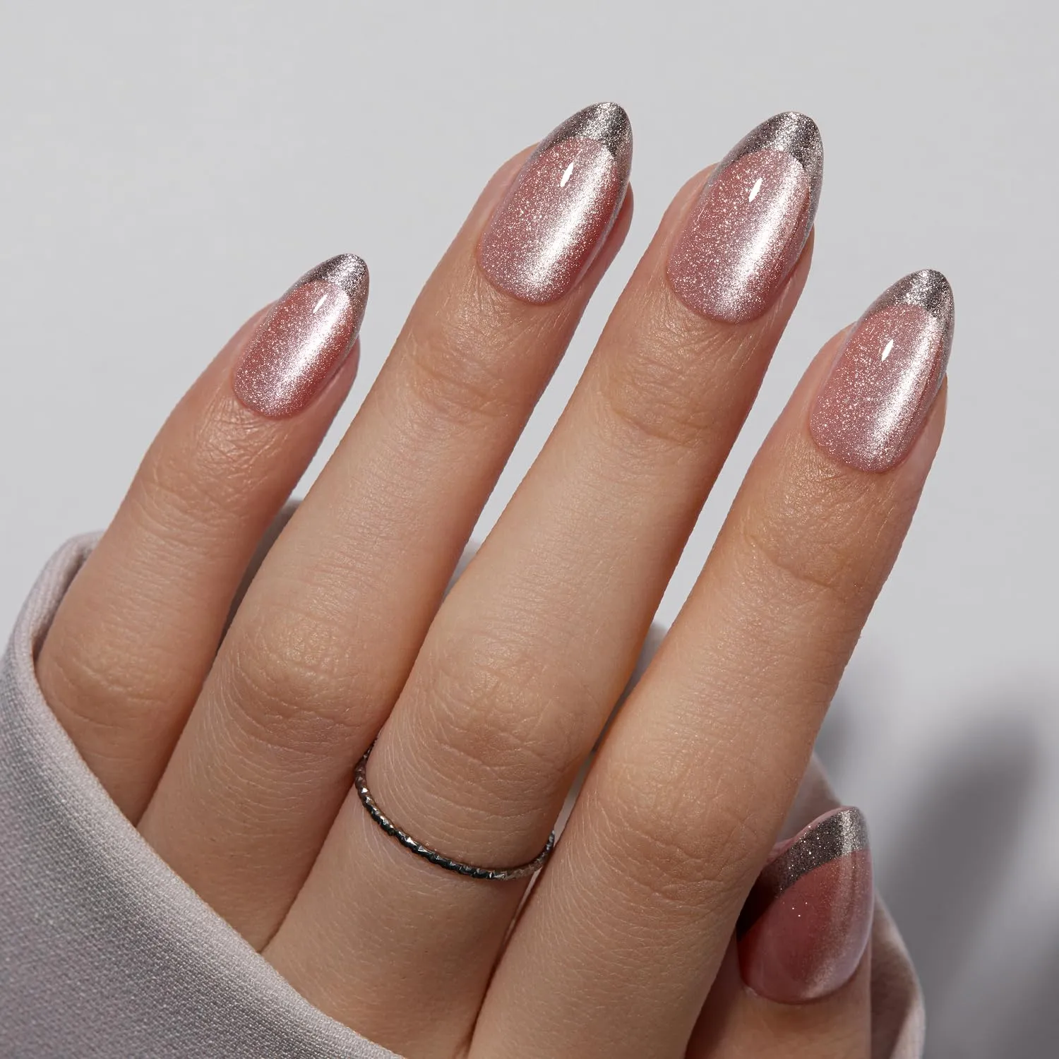 VSALON Press-On Nails Short Almond - Pink Cat Eye Holographic French Tip Nails Kit for Woman, Reusable Fake Nails with Nail Glue, Protector Cuticle Oil, Easy Tabs & Mini Nail File - 32 PCS in 16 Sizes