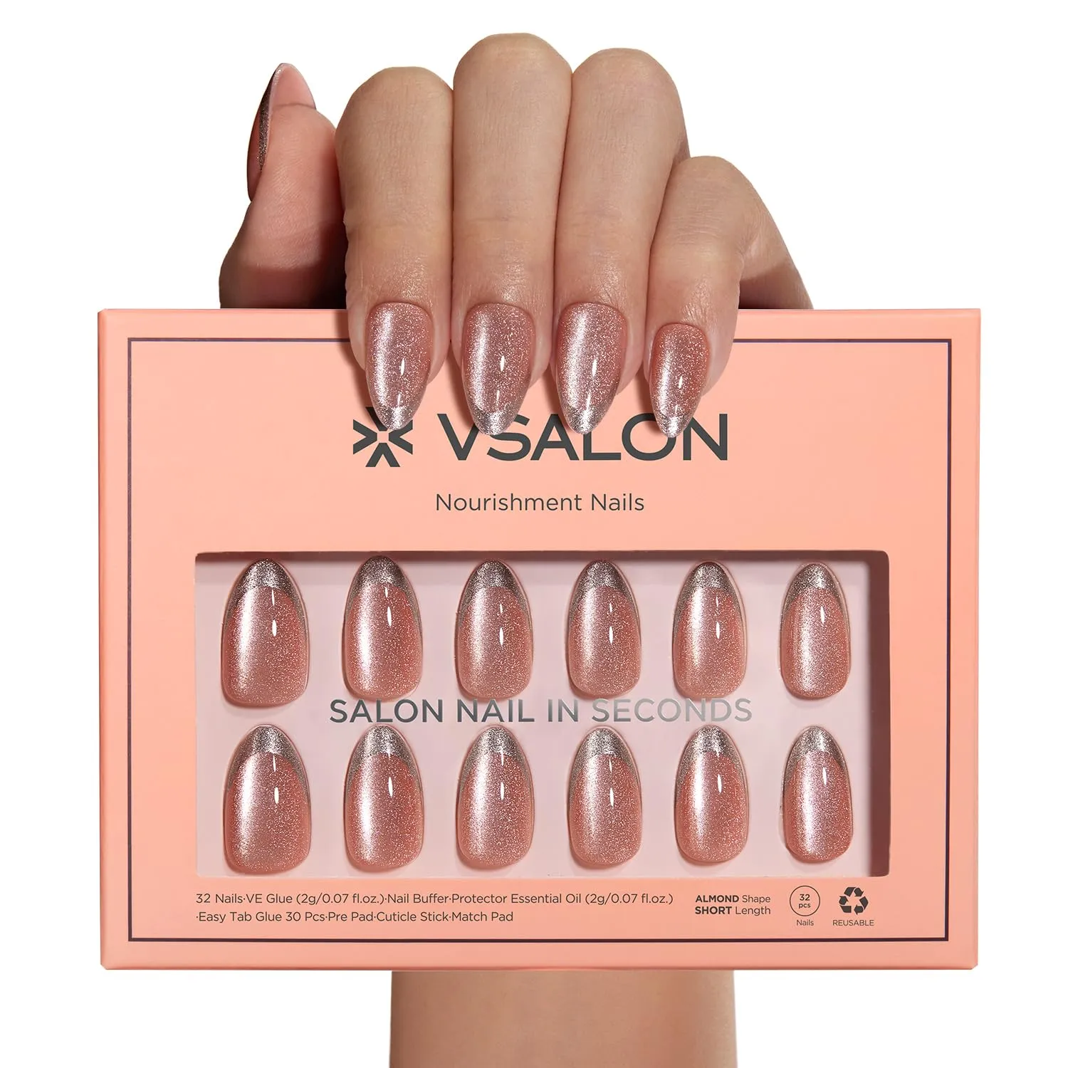 VSALON Press-On Nails Short Almond - Pink Cat Eye Holographic French Tip Nails Kit for Woman, Reusable Fake Nails with Nail Glue, Protector Cuticle Oil, Easy Tabs & Mini Nail File - 32 PCS in 16 Sizes