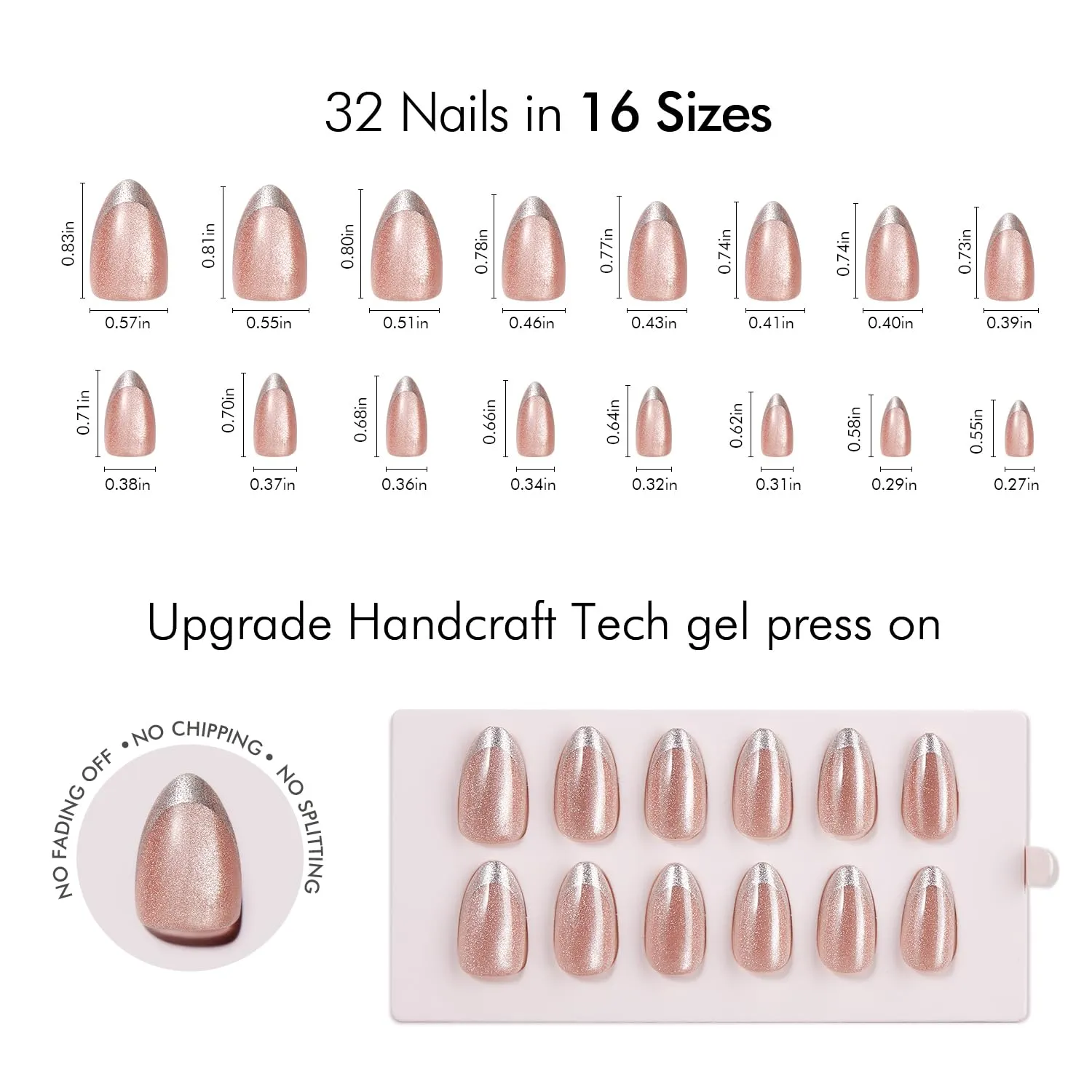 VSALON Press-On Nails Short Almond - Pink Cat Eye Holographic French Tip Nails Kit for Woman, Reusable Fake Nails with Nail Glue, Protector Cuticle Oil, Easy Tabs & Mini Nail File - 32 PCS in 16 Sizes