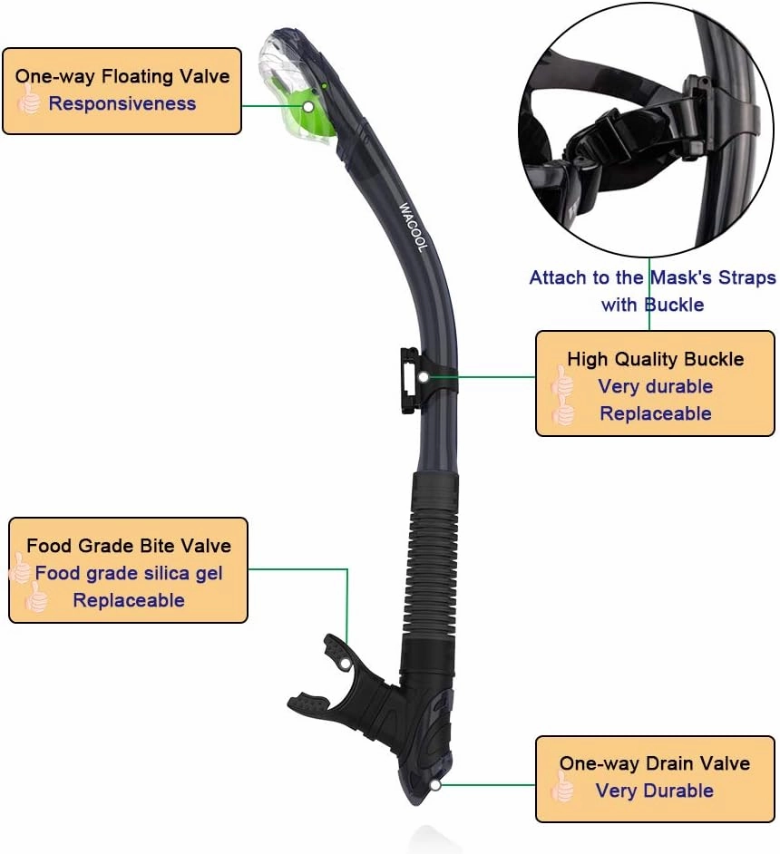 WACOOL Professional Snorkeling Snorkel Diving Scuba Package Set with Anti-Fog Coated Glass Purge Valve and Anti-Splash Silicon Mouth Piece for Men Women (Adults,Black)