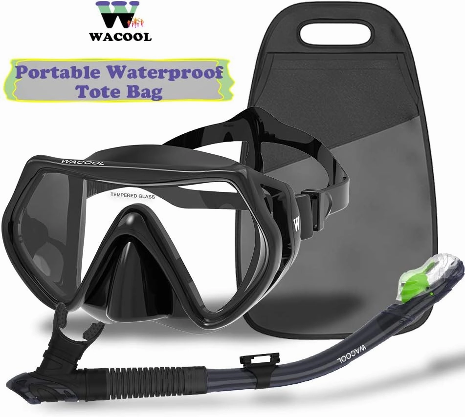 WACOOL Professional Snorkeling Snorkel Diving Scuba Package Set with Anti-Fog Coated Glass Purge Valve and Anti-Splash Silicon Mouth Piece for Men Women (Adults,Black)
