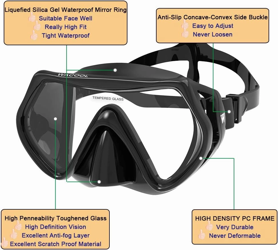 WACOOL Professional Snorkeling Snorkel Diving Scuba Package Set with Anti-Fog Coated Glass Purge Valve and Anti-Splash Silicon Mouth Piece for Men Women (Adults,Black)