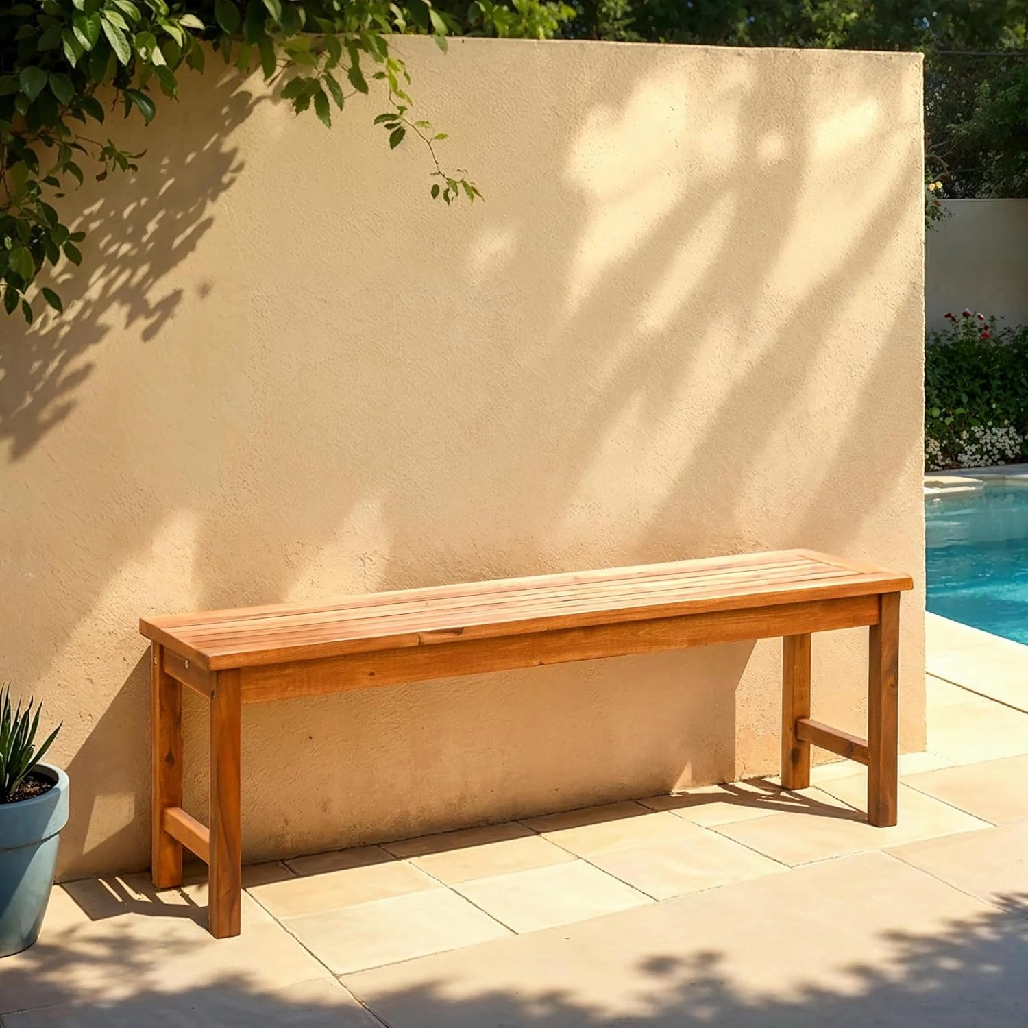 Walker Edison Rendezvous Modern Solid Acacia Wood Slatted Patio Bench, 53 Inch, Brown