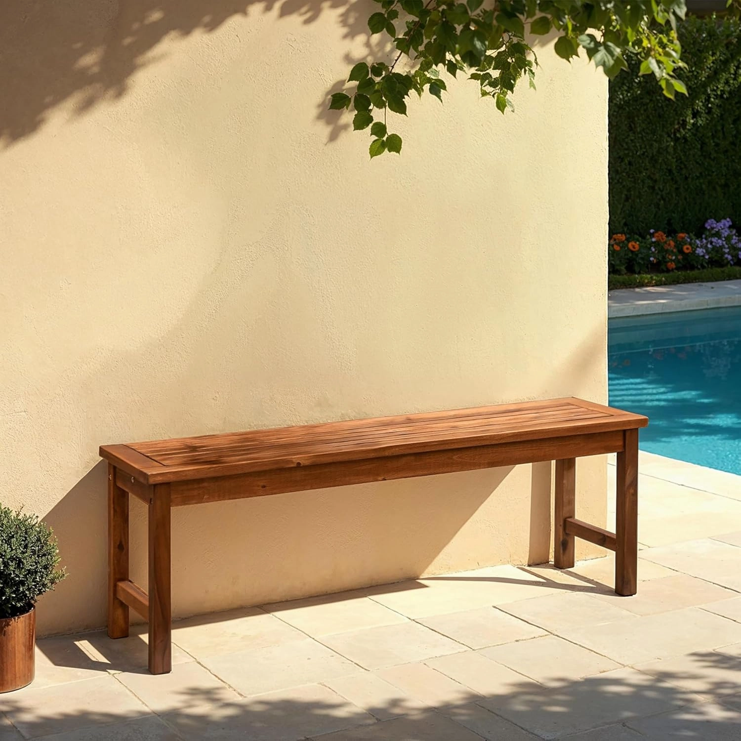 Walker Edison Rendezvous Modern Solid Acacia Wood Slatted Patio Bench, 53 Inch, Dark Brown